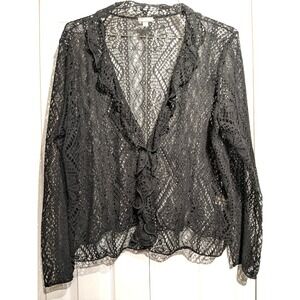 J Jill‎ Cardigan Sweater Womens L-XL Sheer Lace Ruffle Open Knit Long Sleeve Top